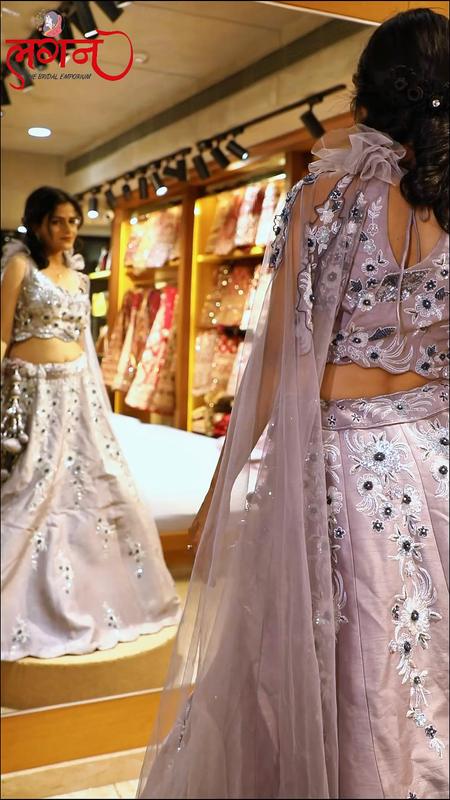 A lavender lehenga in the showroom
