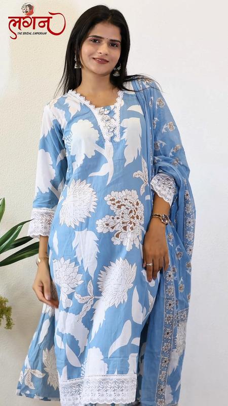 A powder blue printed suit