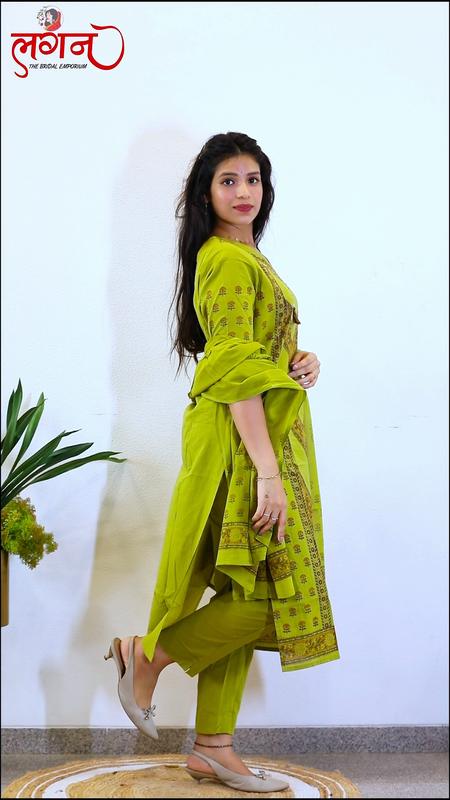 A lime green printed suit