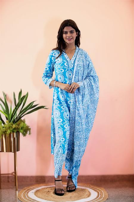 A blue block printed suit